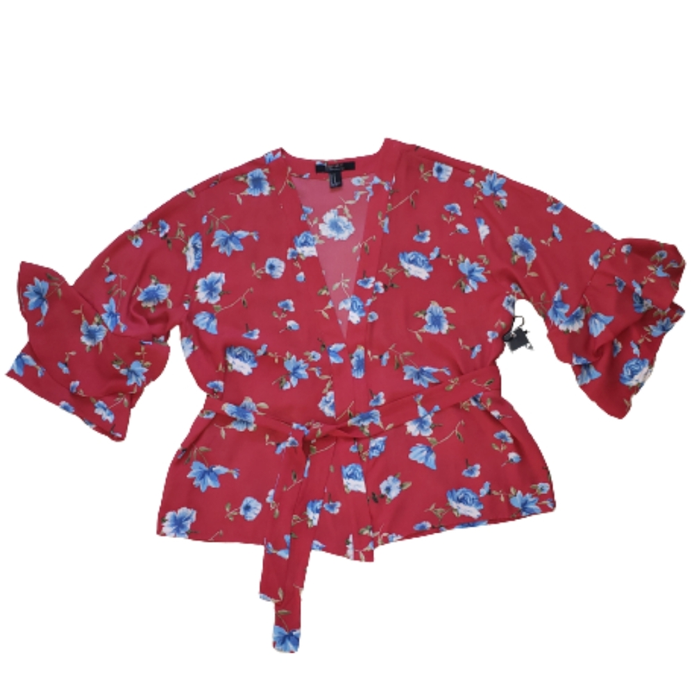 Forever 21 Contemporary Red and Blue Floral Open Top with Ties Size M